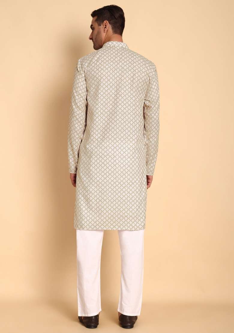 Cream Printed Cotton Kurta For Men - Indya