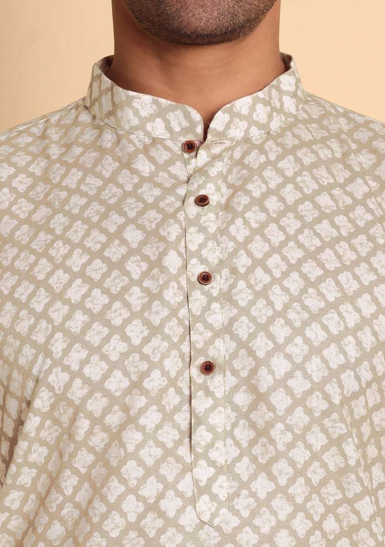Cream Printed Cotton Kurta For Men - Indya