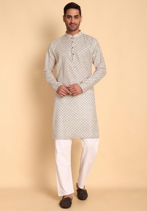 Cream Printed Cotton Kurta For Men