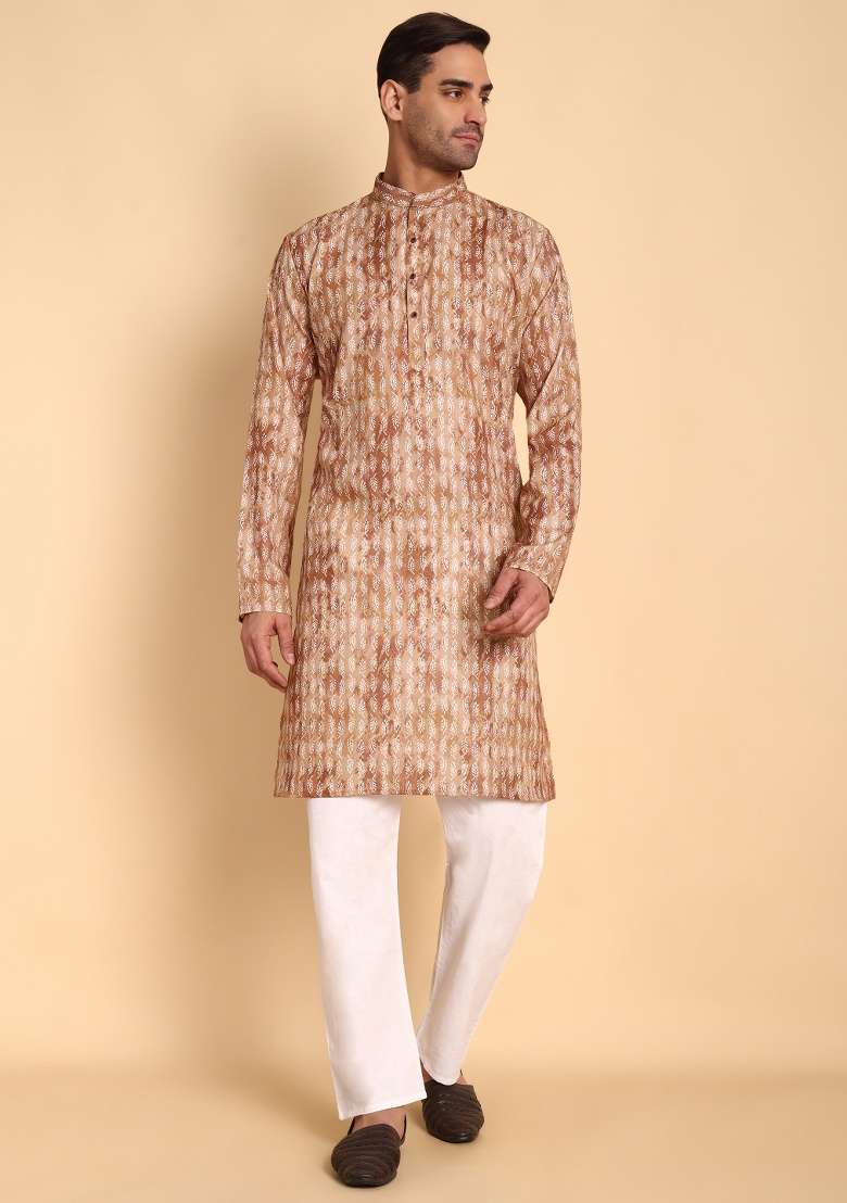 Coffee Printed Cotton Kurta For Men - Indya