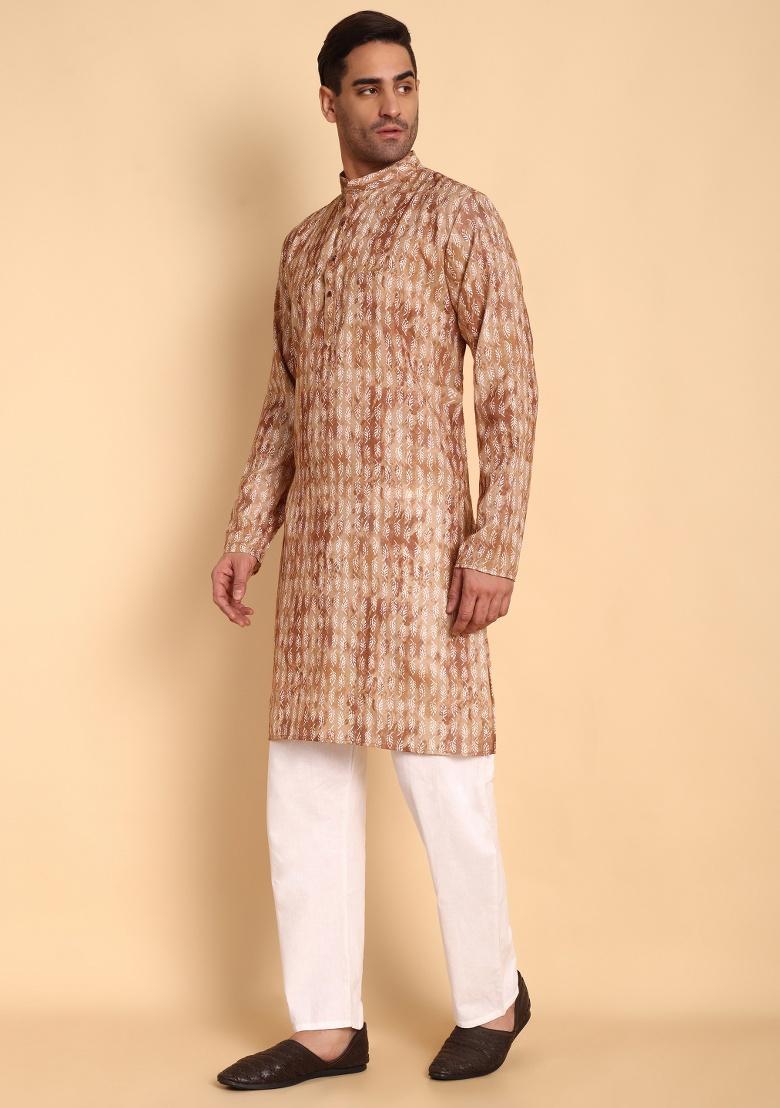 Coffee Printed Cotton Kurta For Men - Indya