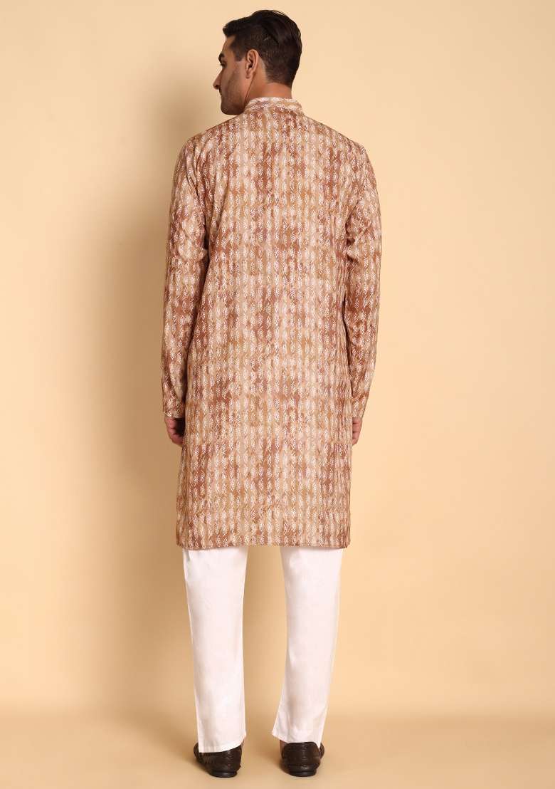 Coffee Printed Cotton Kurta For Men - Indya