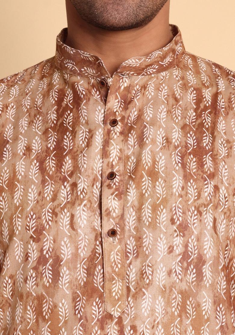 Coffee Printed Cotton Kurta For Men - Indya