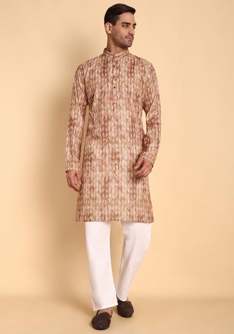Coffee Printed Cotton Kurta For Men