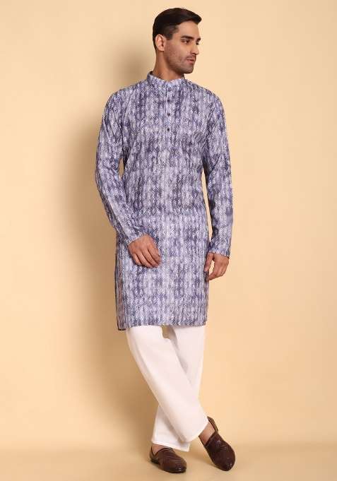Purple Printed Cotton Kurta For Men