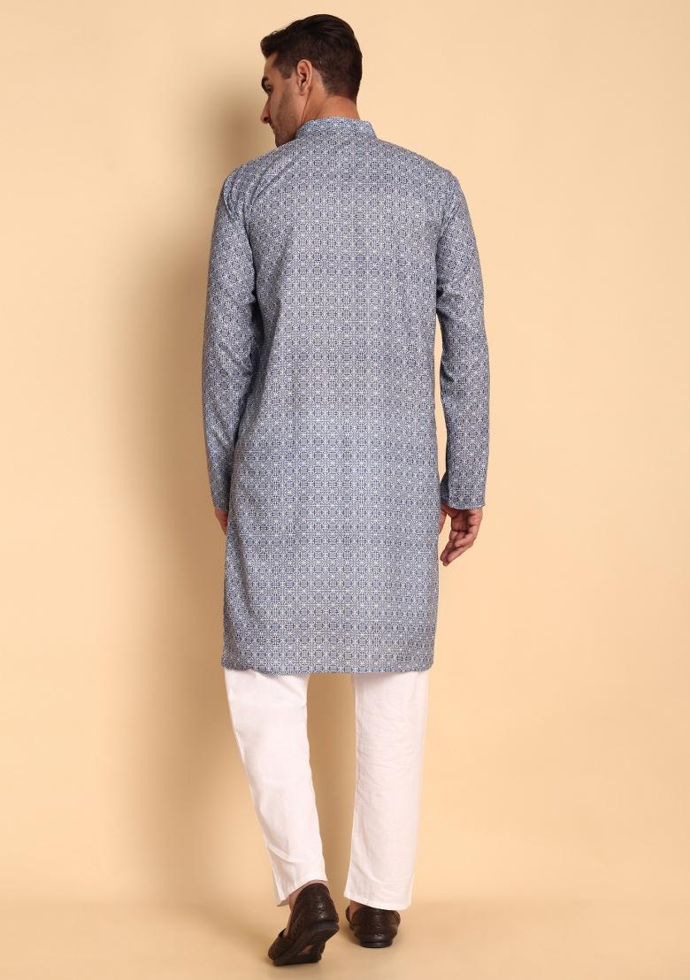 Red Printed Cotton Kurta For Men