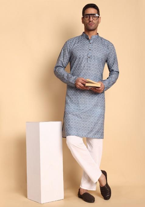 Red Printed Cotton Kurta For Men