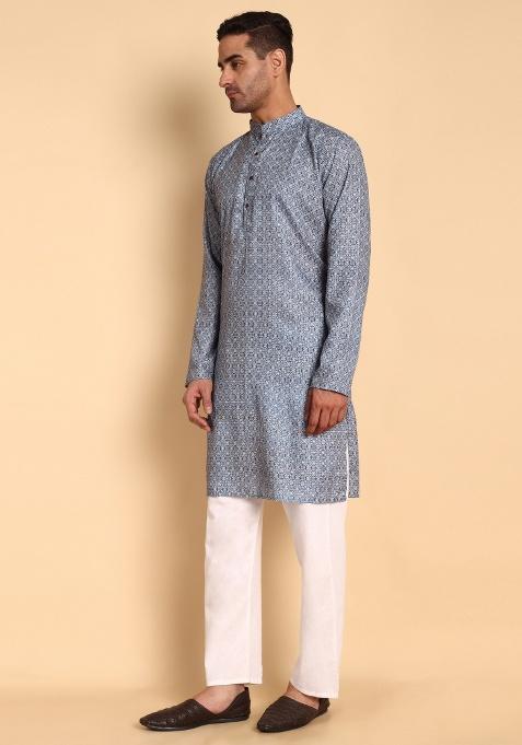 Red Printed Cotton Kurta For Men