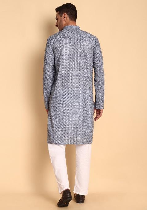 Red Printed Cotton Kurta For Men