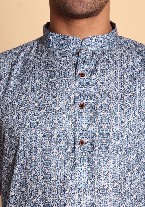 Red Printed Cotton Kurta For Men