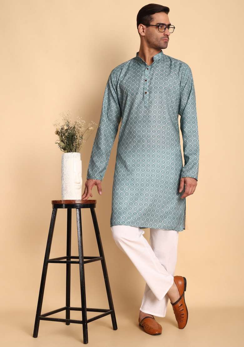 Lavender Printed Cotton Kurta For Men - Indya