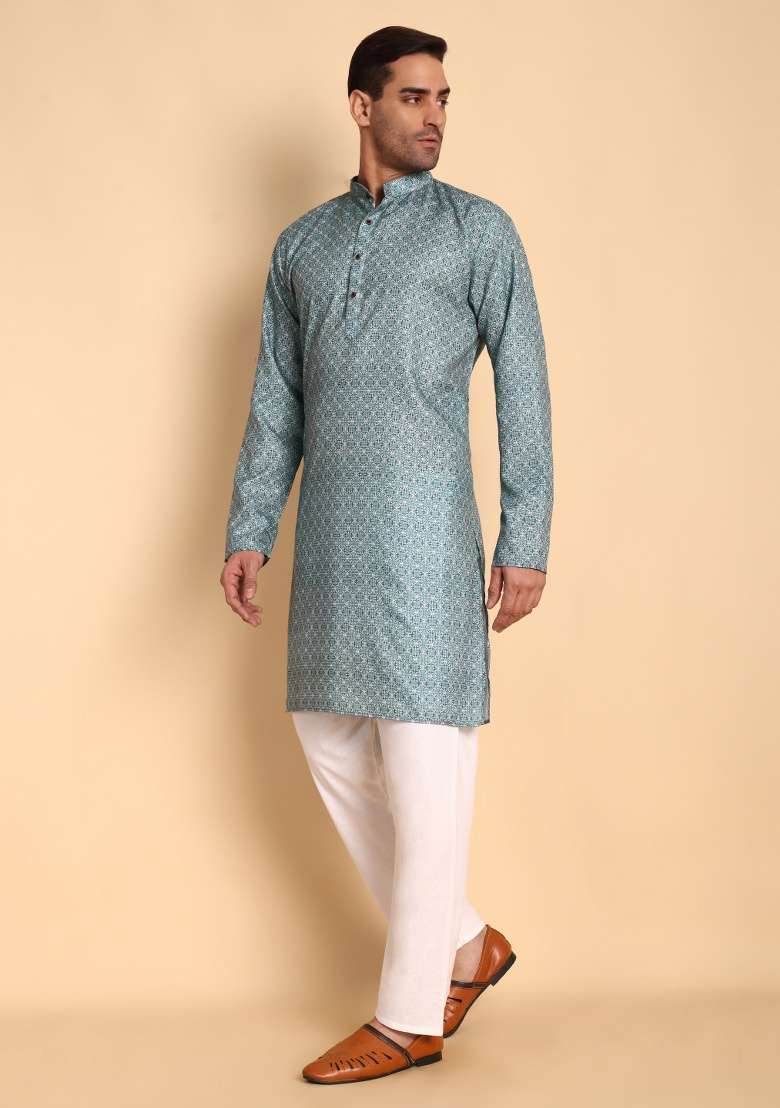 Lavender Printed Cotton Kurta For Men - Indya