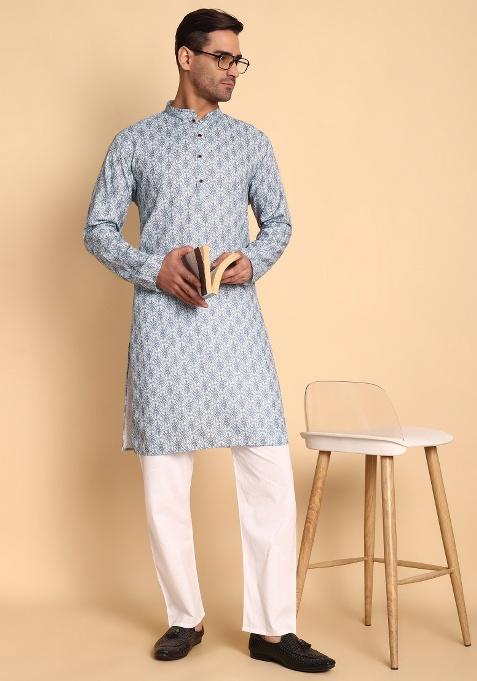 Teal Printed Cotton Kurta For Men — view on Indya