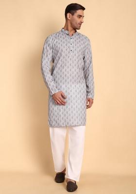Green Printed Cotton Kurta For Men