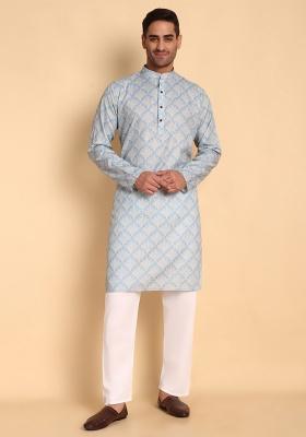 Grey Printed Cotton Kurta For Men