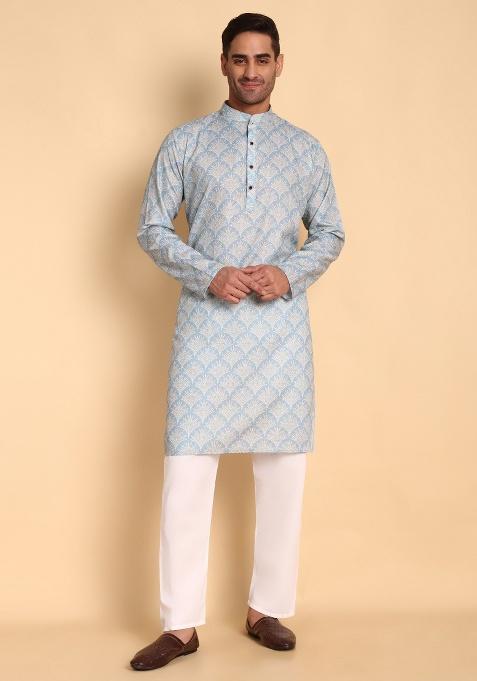 Grey Printed Cotton Kurta For Men