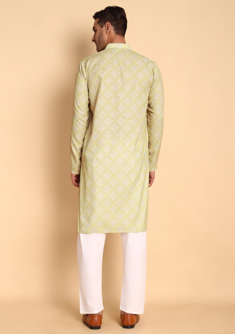 Green Printed Cotton Kurta For Men