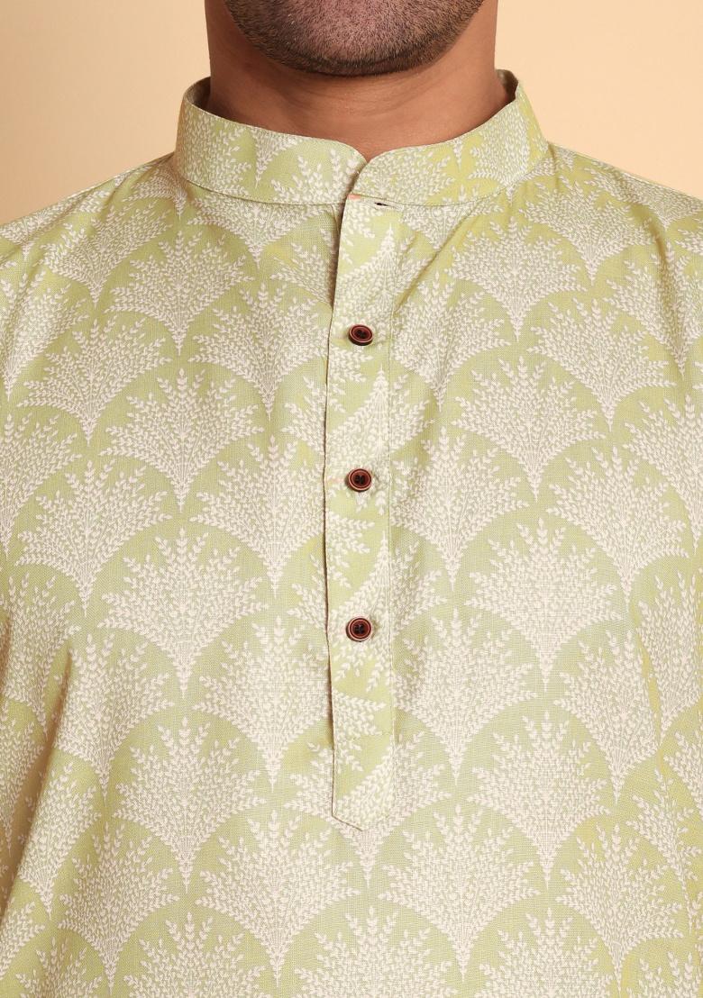 Green Printed Cotton Kurta For Men