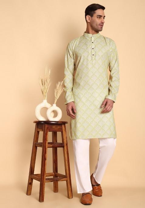 Green Printed Cotton Kurta For Men