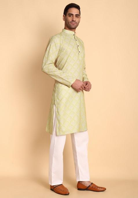 Green Printed Cotton Kurta For Men