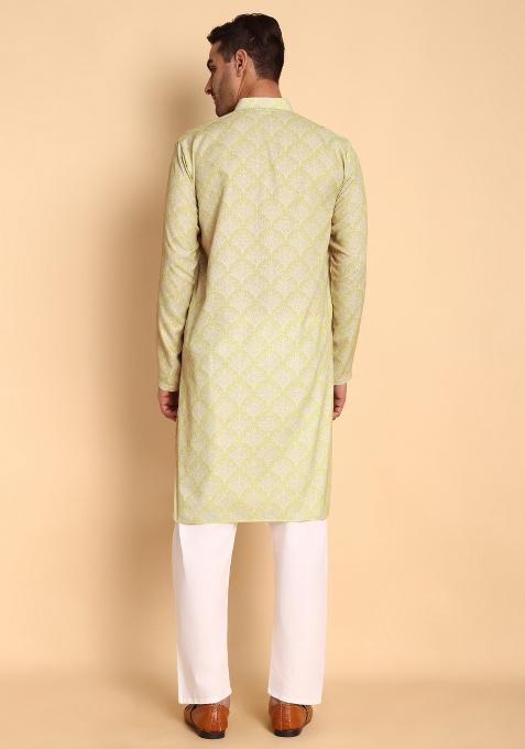 Green Printed Cotton Kurta For Men