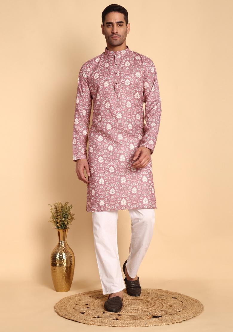 Green Printed Cotton Kurta For Men