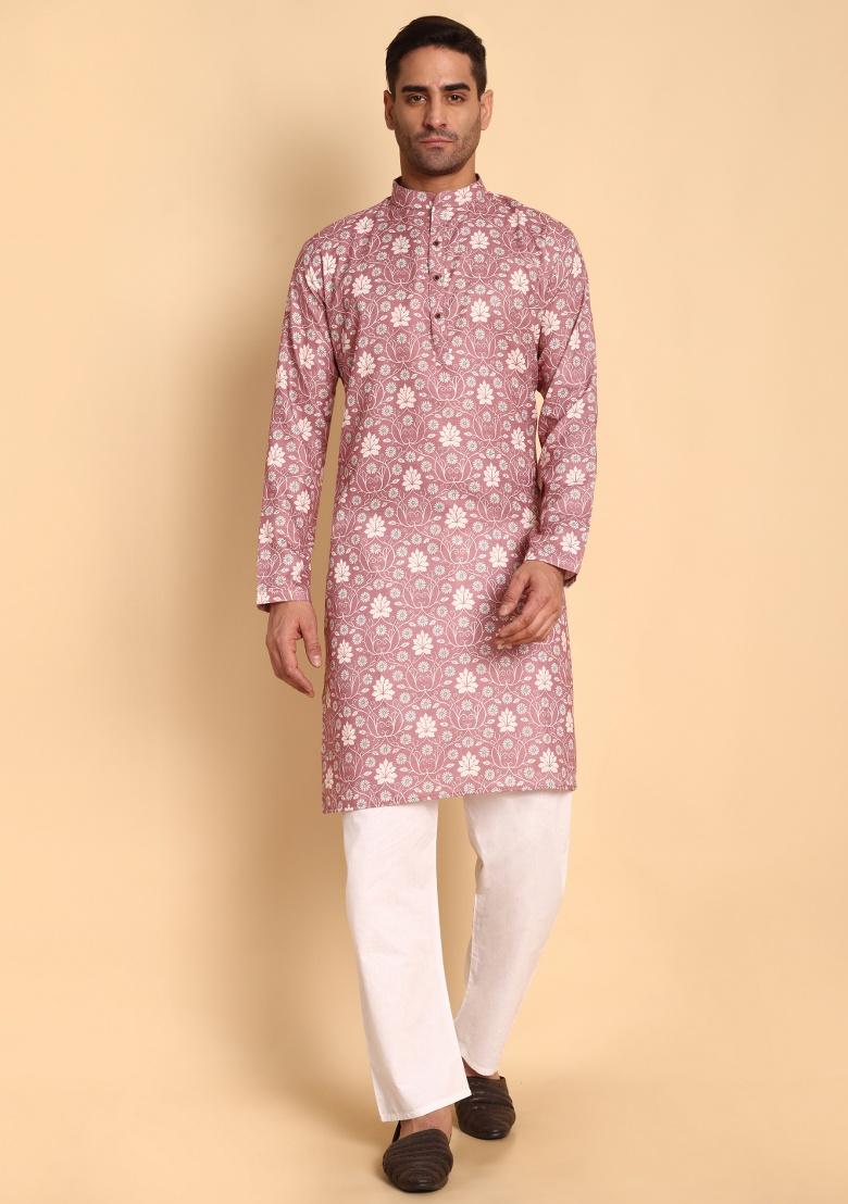 Green Printed Cotton Kurta For Men