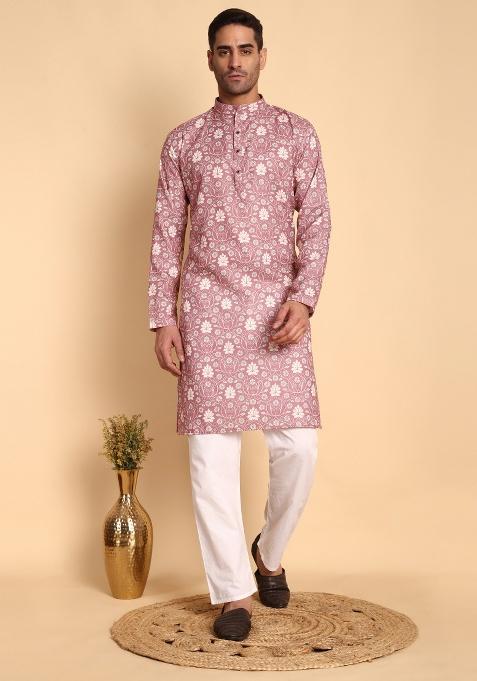 Green Printed Cotton Kurta For Men