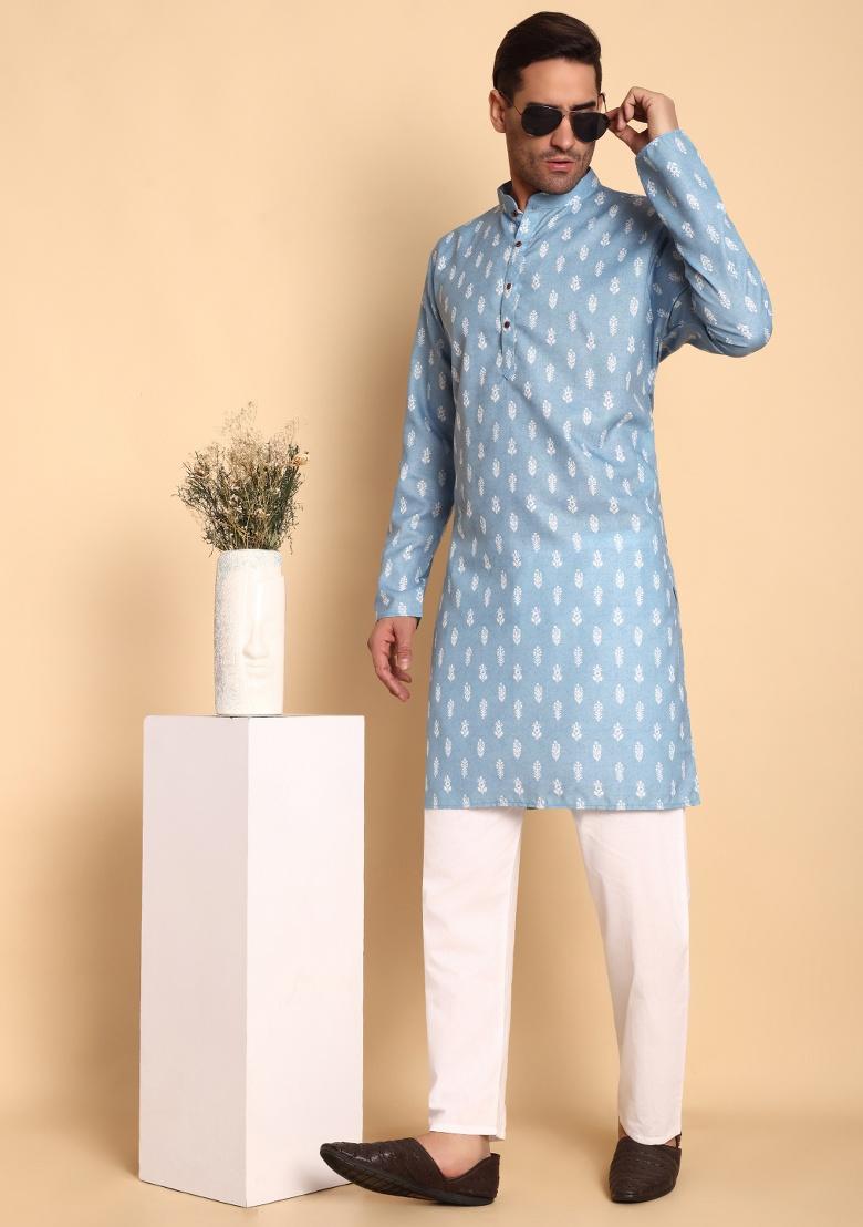 Beige Printed Cotton Kurta For Men