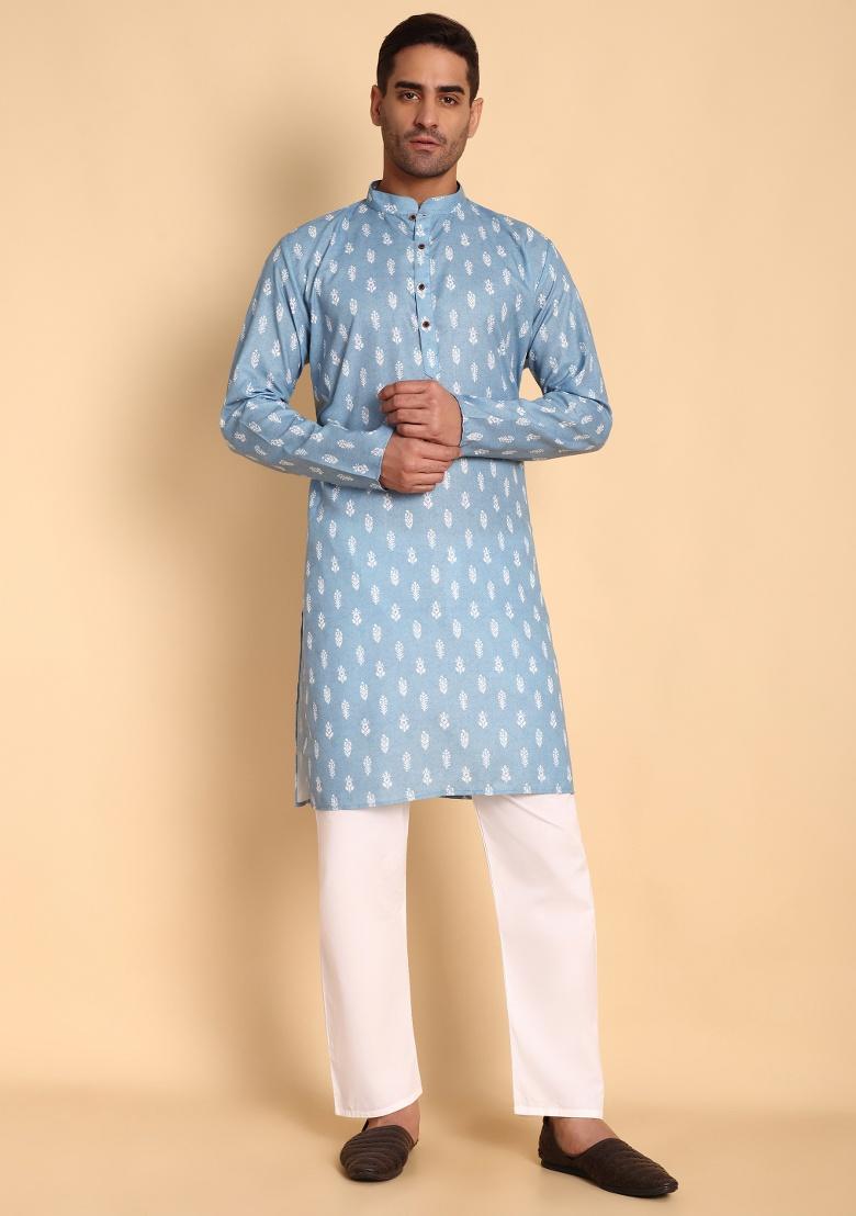 Beige Printed Cotton Kurta For Men