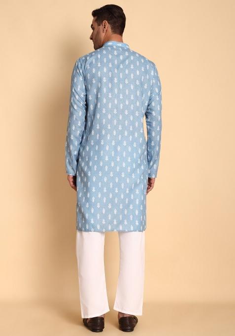 Beige Printed Cotton Kurta For Men