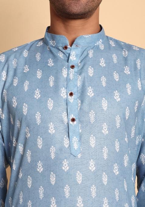 Beige Printed Cotton Kurta For Men