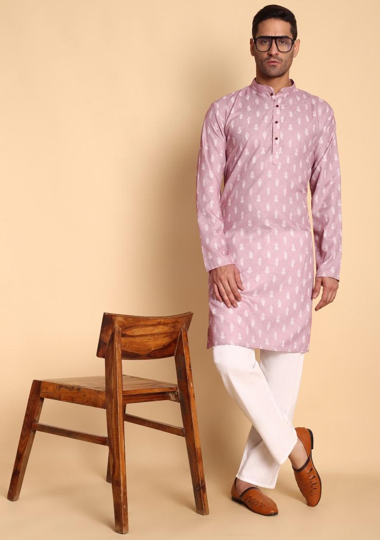 Peach Printed Cotton Kurta For Men