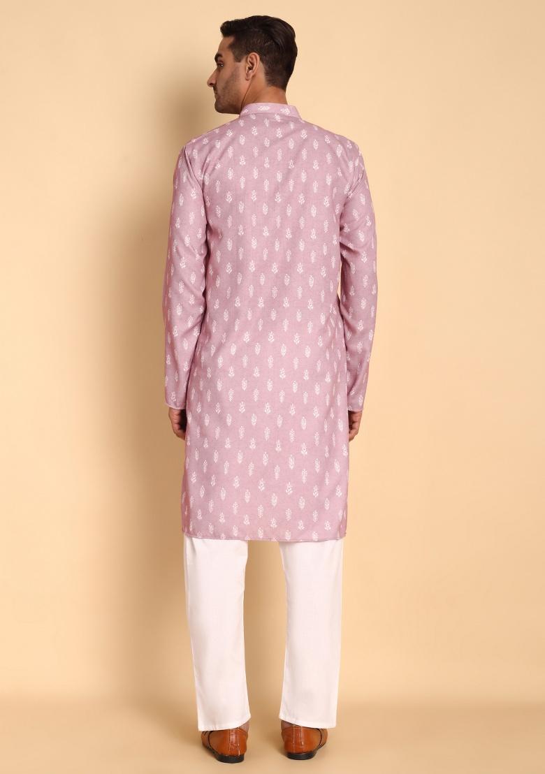 Peach Printed Cotton Kurta For Men