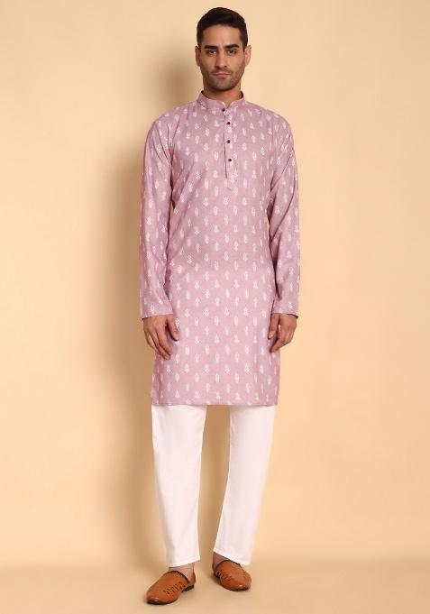 Peach Printed Cotton Kurta For Men
