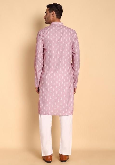 Peach Printed Cotton Kurta For Men