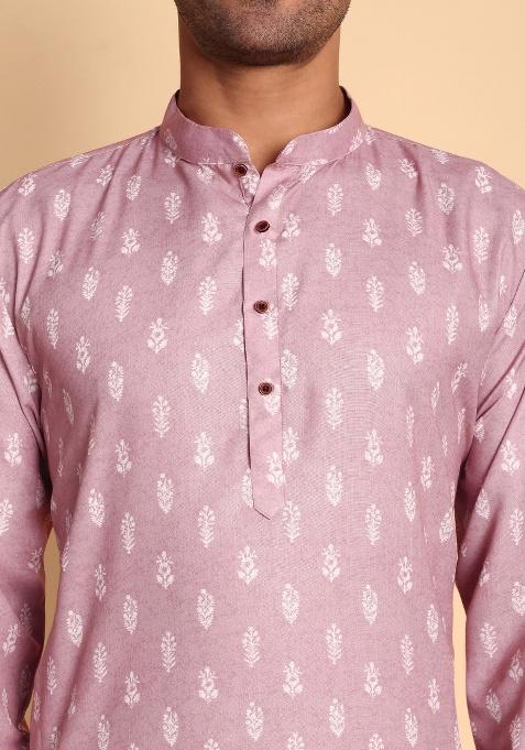 Peach Printed Cotton Kurta For Men