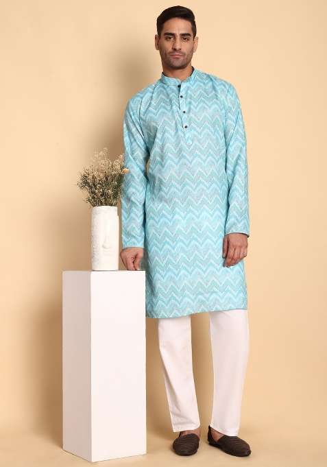 Pink Printed Cotton Kurta For Men