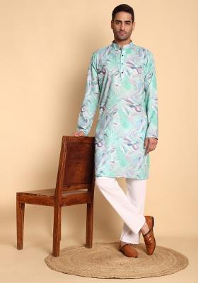 Green Printed Cotton Kurta For Men