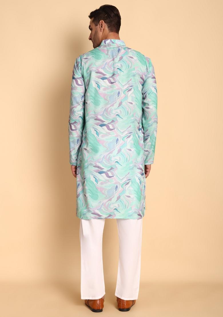 Green Printed Cotton Kurta For Men - Indya