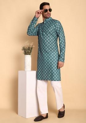 Grey Printed Cotton Kurta For Men