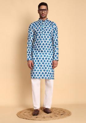 Green Printed Cotton Kurta For Men