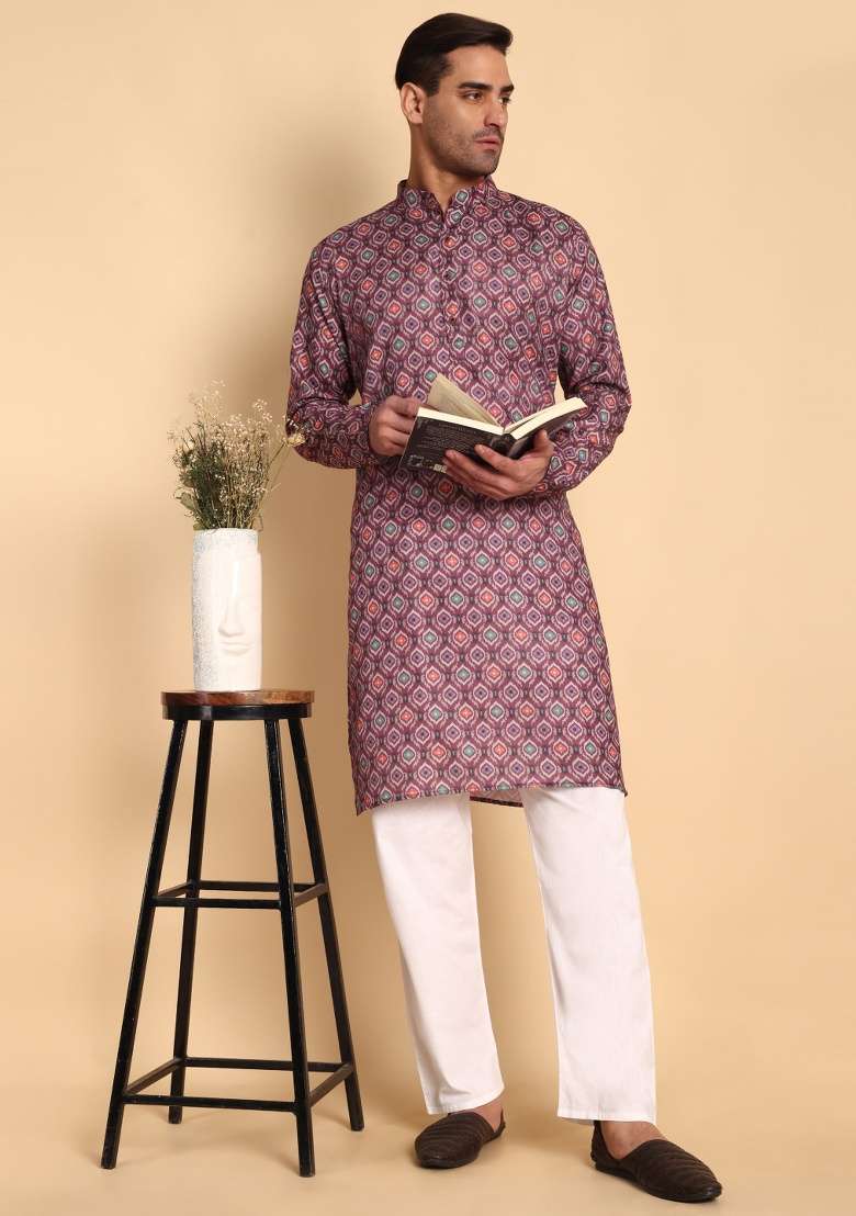 Grey Printed Cotton Kurta For Men - Indya