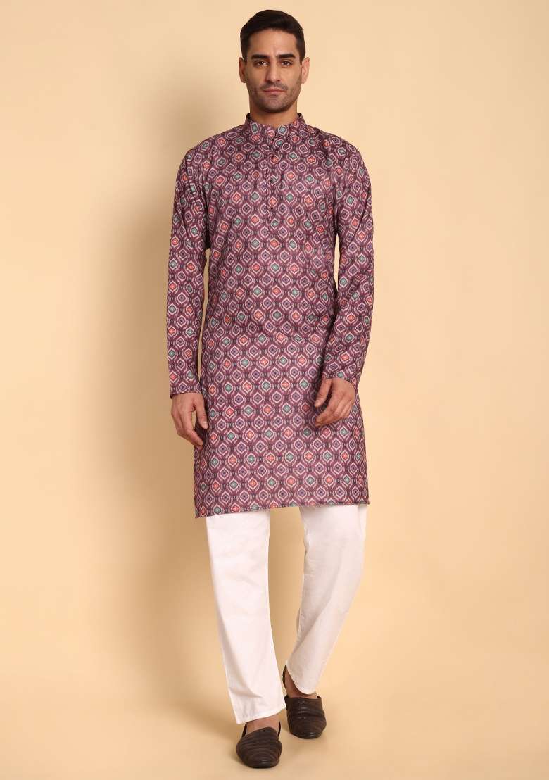 Grey Printed Cotton Kurta For Men - Indya