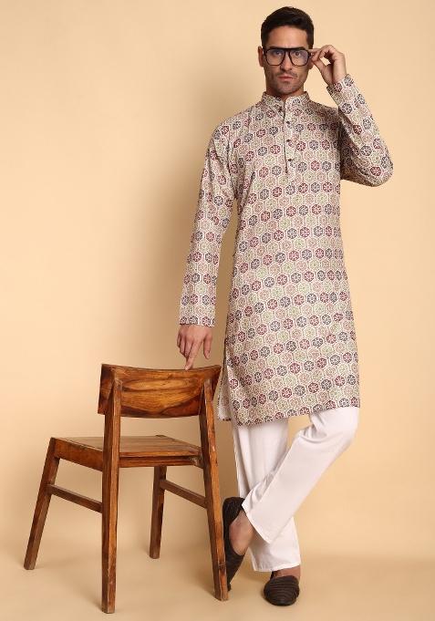 Maroon Printed Cotton Kurta For Men