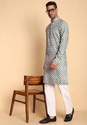 Beige Printed Cotton Kurta For Men