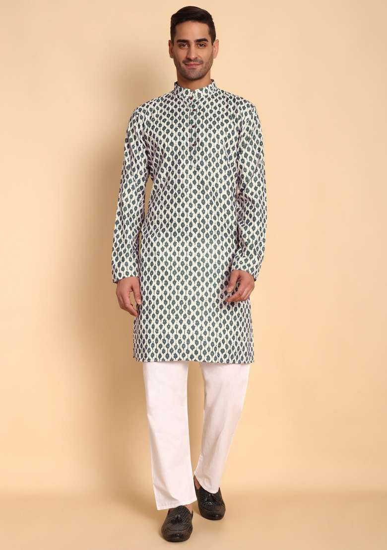 Beige Printed Cotton Kurta For Men - Indya