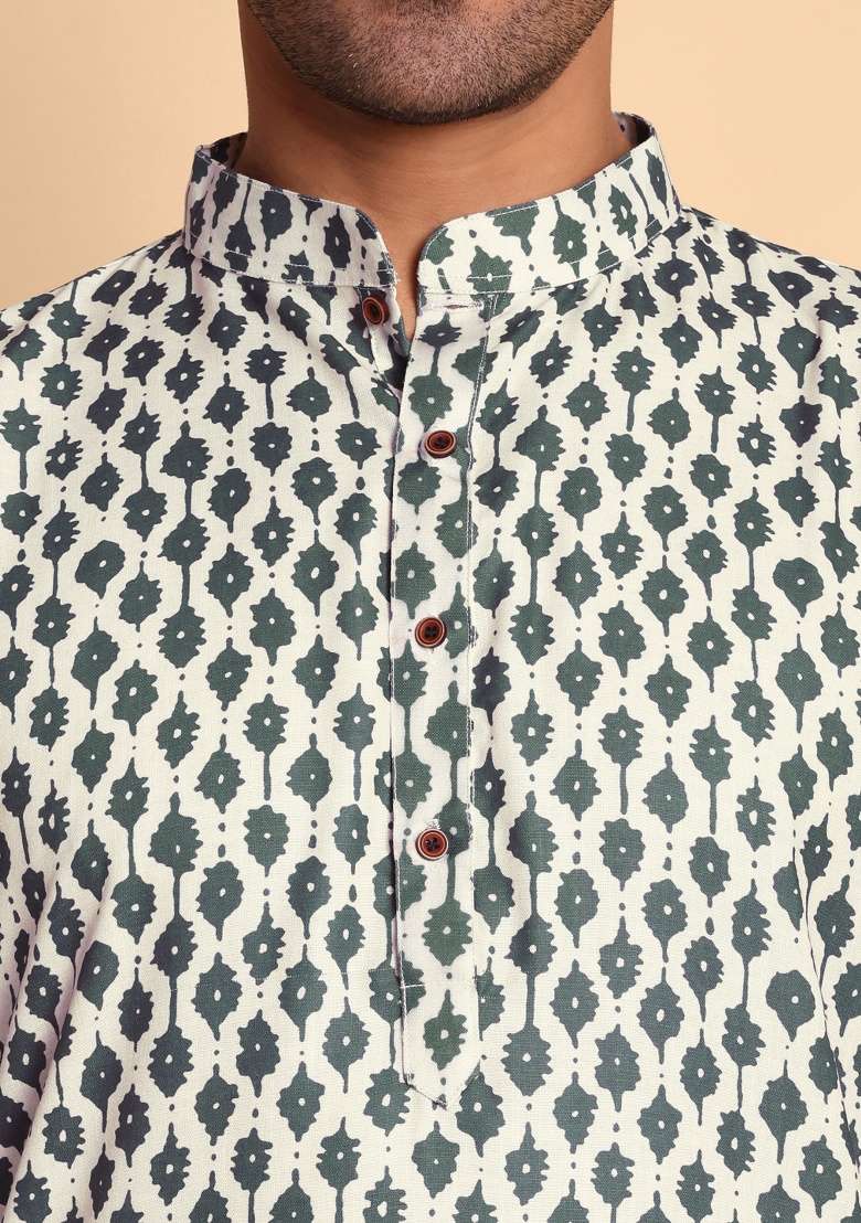 Beige Printed Cotton Kurta For Men - Indya