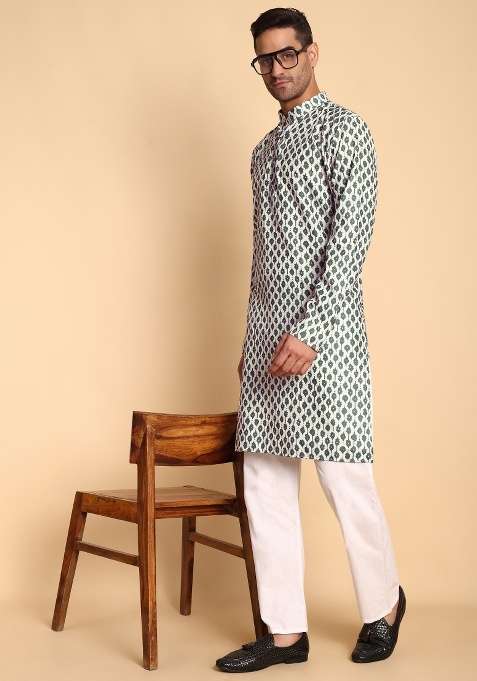Beige Printed Cotton Kurta For Men
