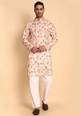 Cream Printed Cotton Kurta For Men